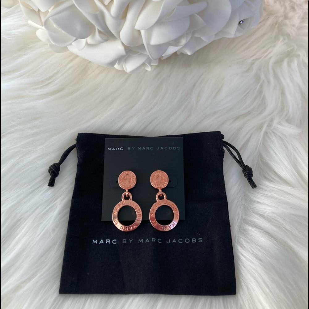 NWT MBMJ Rose Gold Hollow Logo Drop Hoop Earrings - Picture 3 of 5